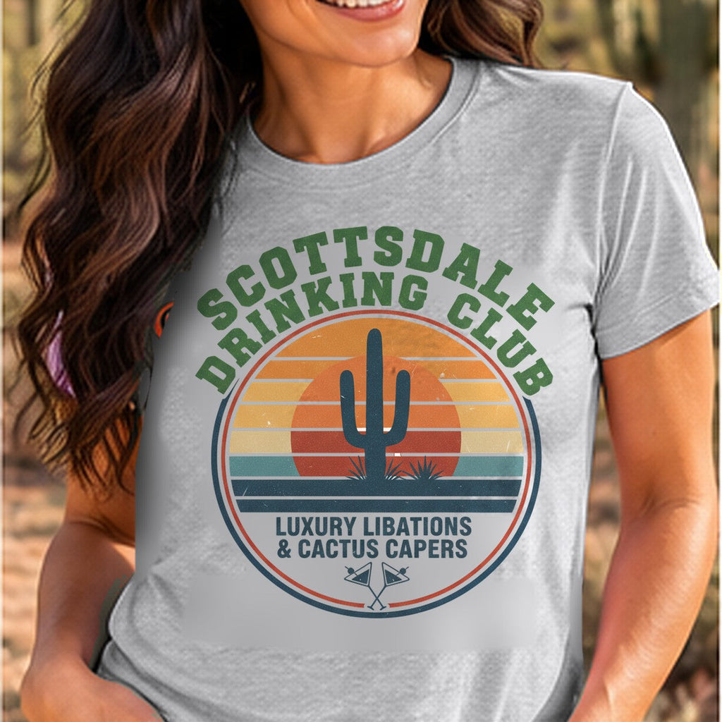 Scottsdale Drinking Club Retro Arizona T-shirt worn by a woman in the Arizona desert