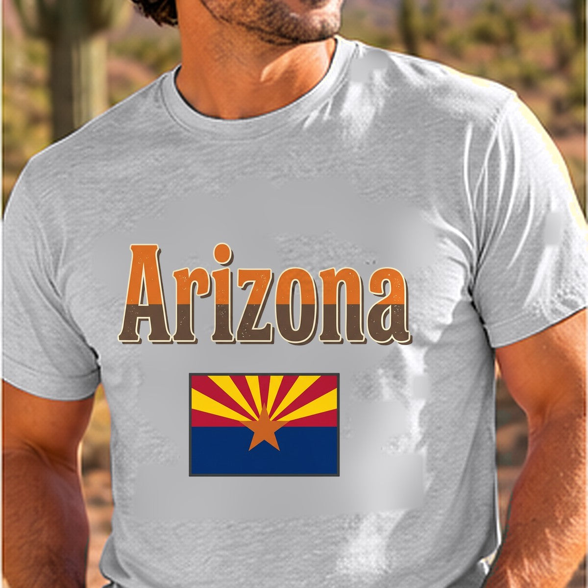 State Flag Graphic Arizona T-shirt worn by a man in the Arizona desert