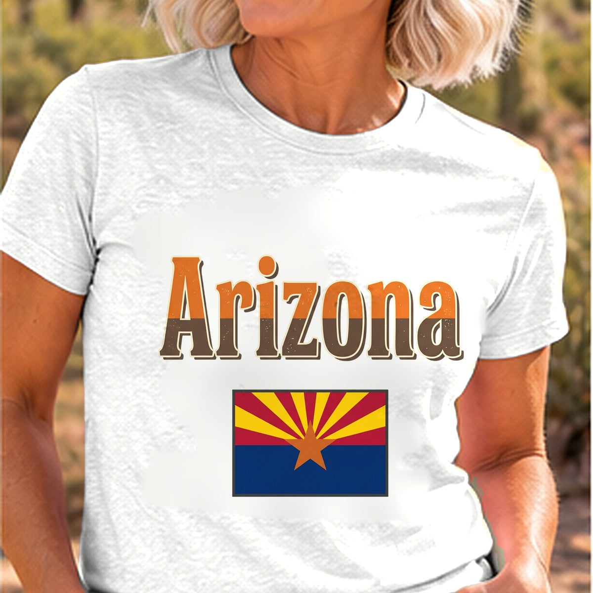 State Flag Graphic Arizona T-shirt worn by a woman in the Arizona desert