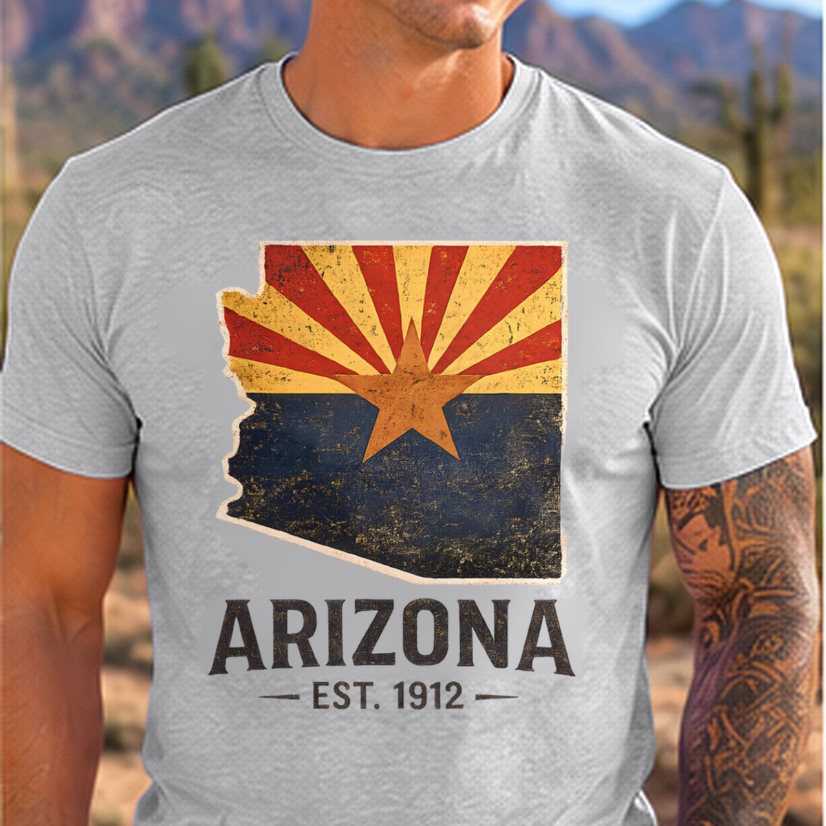 State Flag Vintage 1912 Arizona T-shirt worn by a man in the Arizona desert