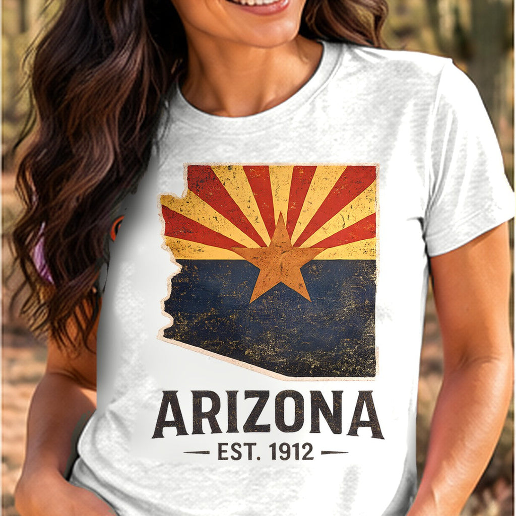 State Flag Vintage 1912 Arizona T-shirt worn by a woman in the Arizona desert
