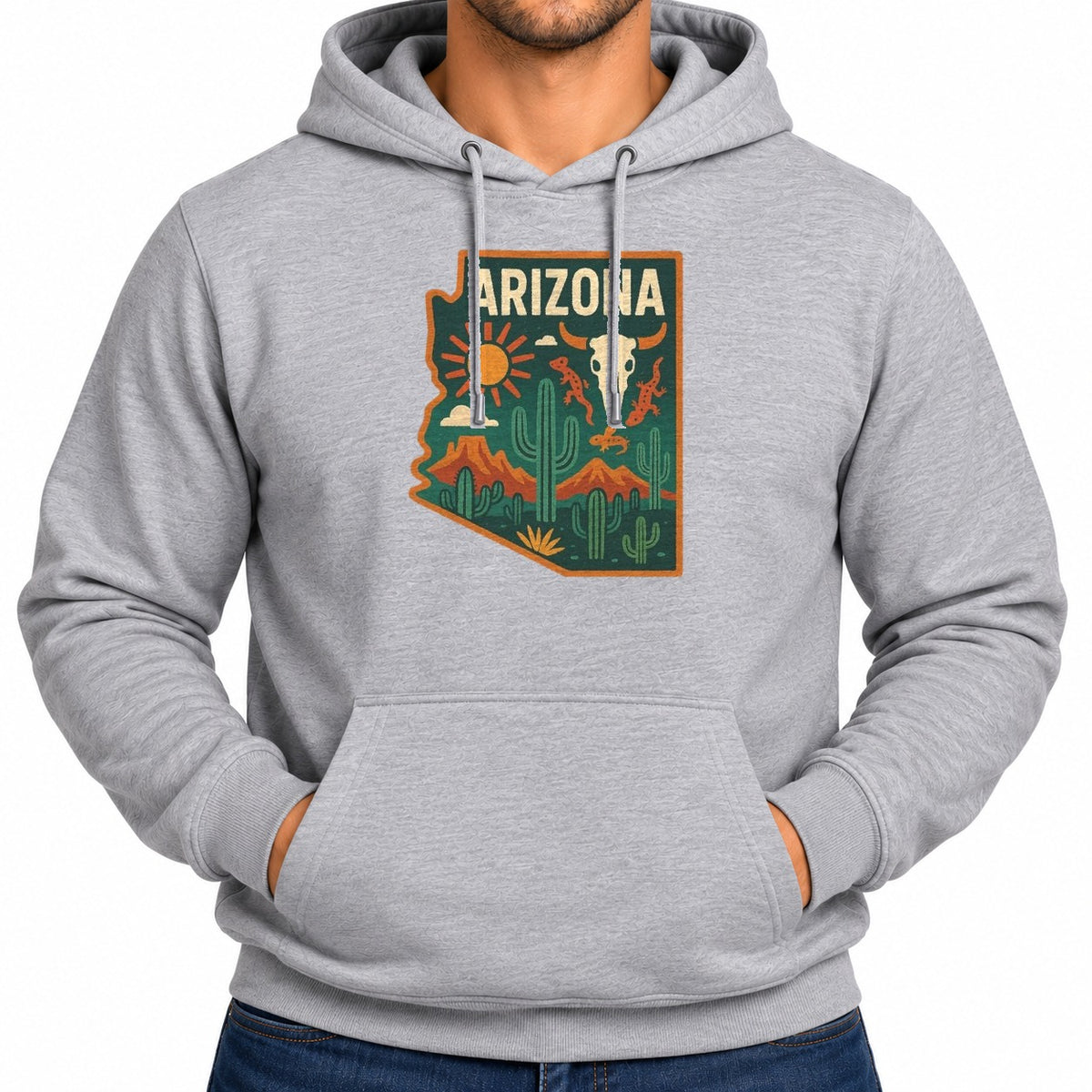 Man wearing the athletic heather Arizona State Outline Badge Hoodie