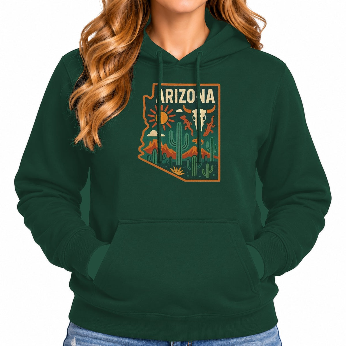 Woman wearing the pine green Arizona State Outline Badge Hoodie