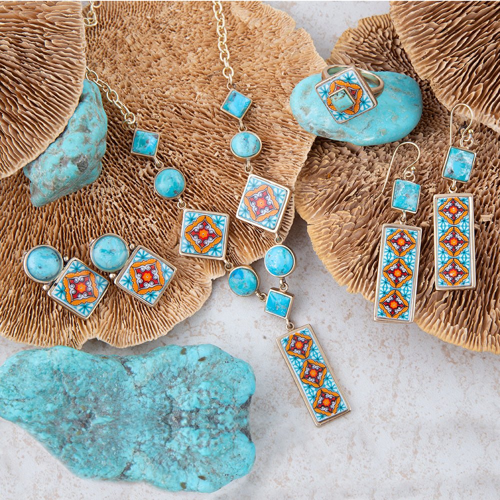 Talavera tile turquoise drop earrings in golden bronze, view 7
