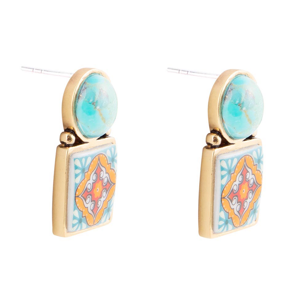 Talavera tile turquoise drop earrings in golden bronze, view 6