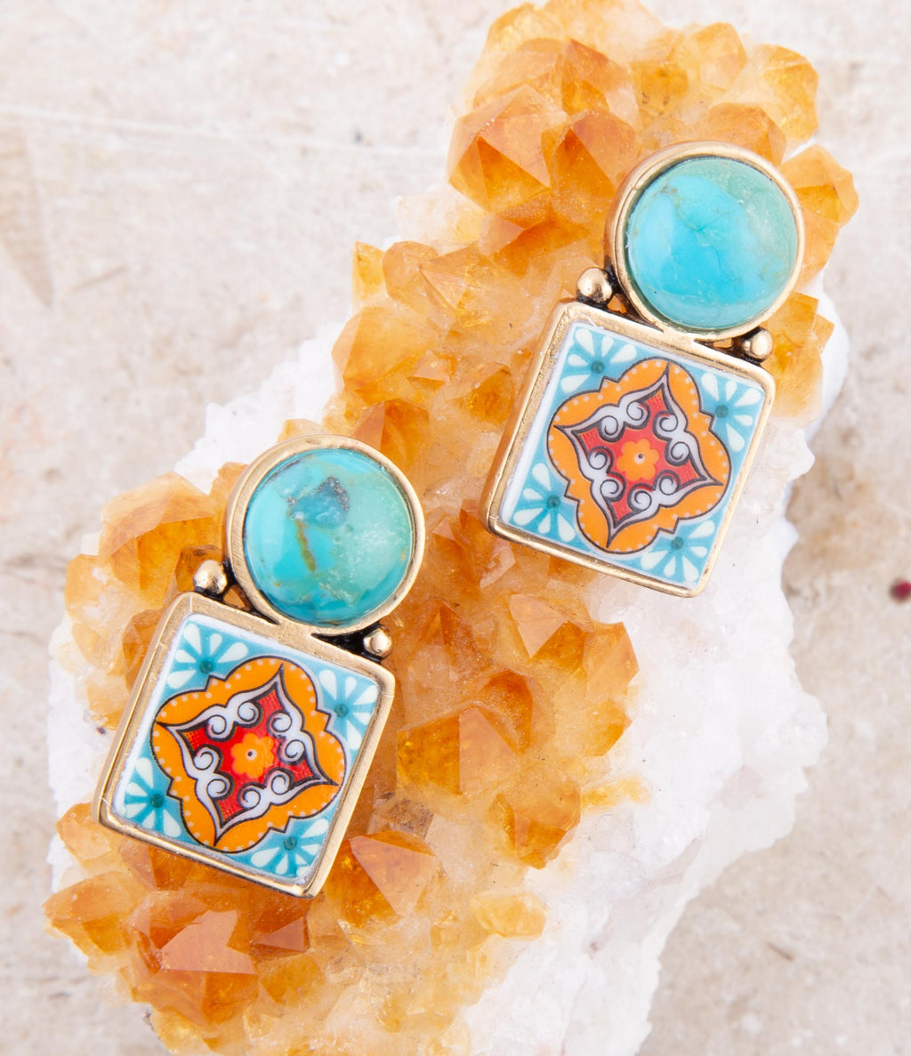 Talavera tile turquoise drop earrings in golden bronze, view 5