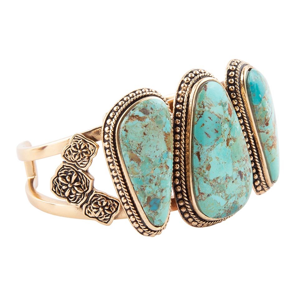 Trio turquoise stone golden bronze cuff bracelet