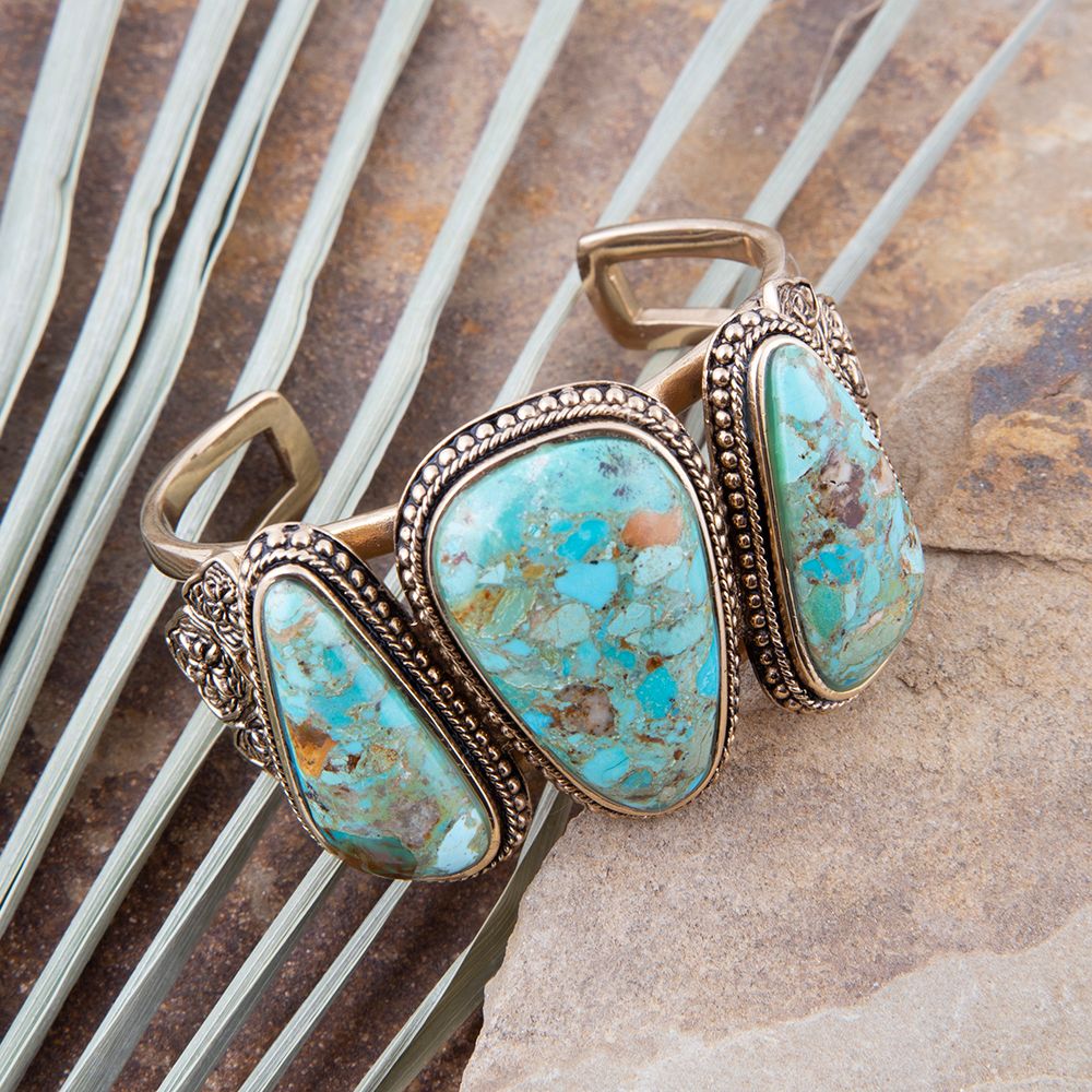 Trio turquoise stone golden bronze cuff bracelet, view 2