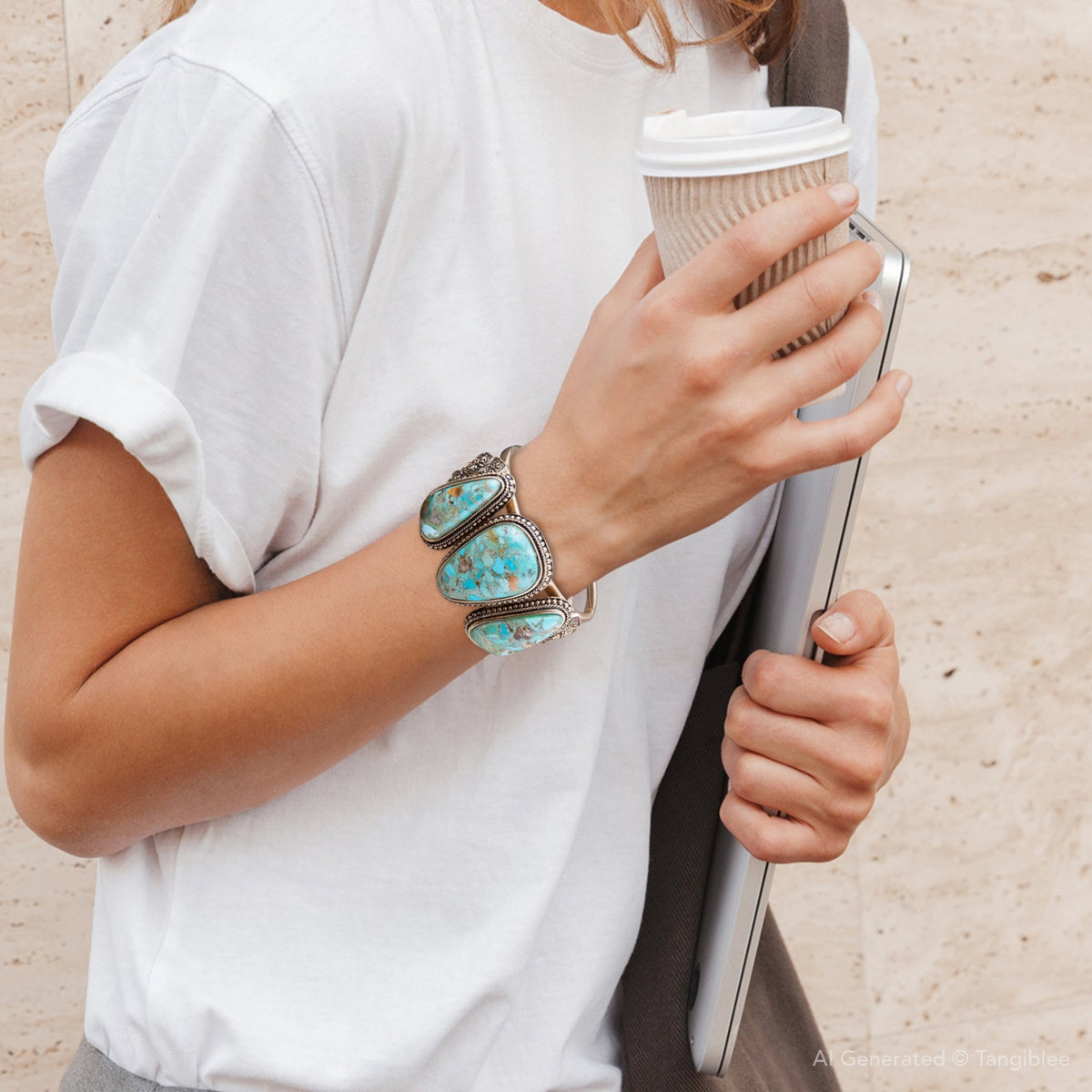 Trio turquoise stone golden bronze cuff bracelet, view 4