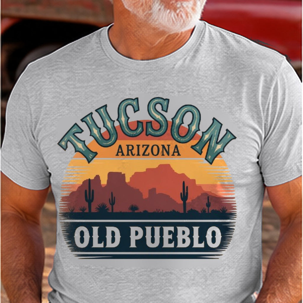 Tucson Old Pueblo Arizona T-shirt worn by a man in the Arizona desert