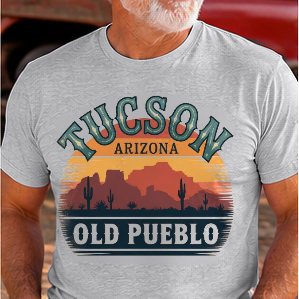 Tucson Old Pueblo Arizona T-shirt worn by a man in the Arizona desert