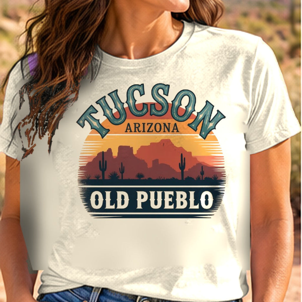 Tucson Old Pueblo Arizona T-shirt worn by a woman in the Arizona desert