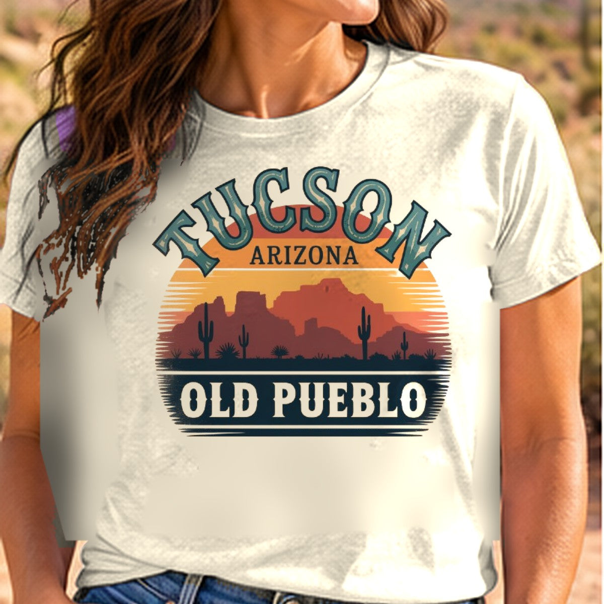Tucson Old Pueblo Arizona T-shirt worn by a woman in the Arizona desert