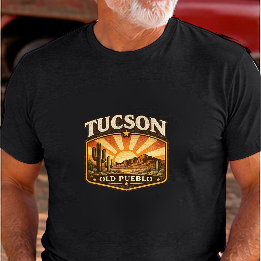 Tucson Vintage Sunset Arizona T-shirt worn by a man in the Arizona desert