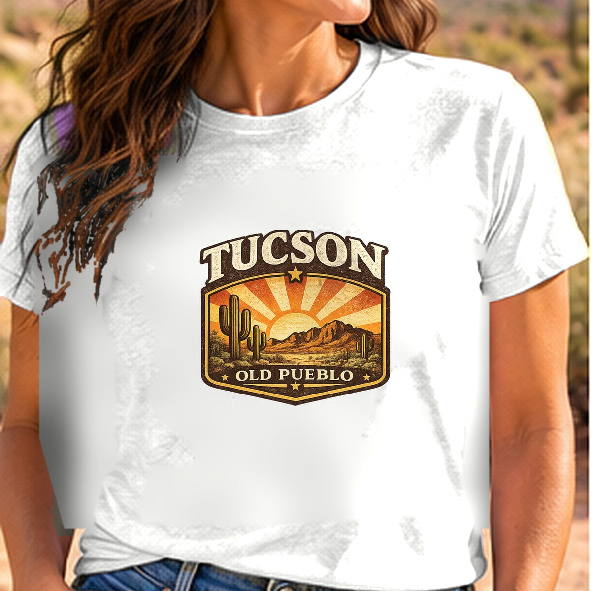 Tucson Vintage Sunset Arizona T-shirt worn by a woman in the Arizona desert