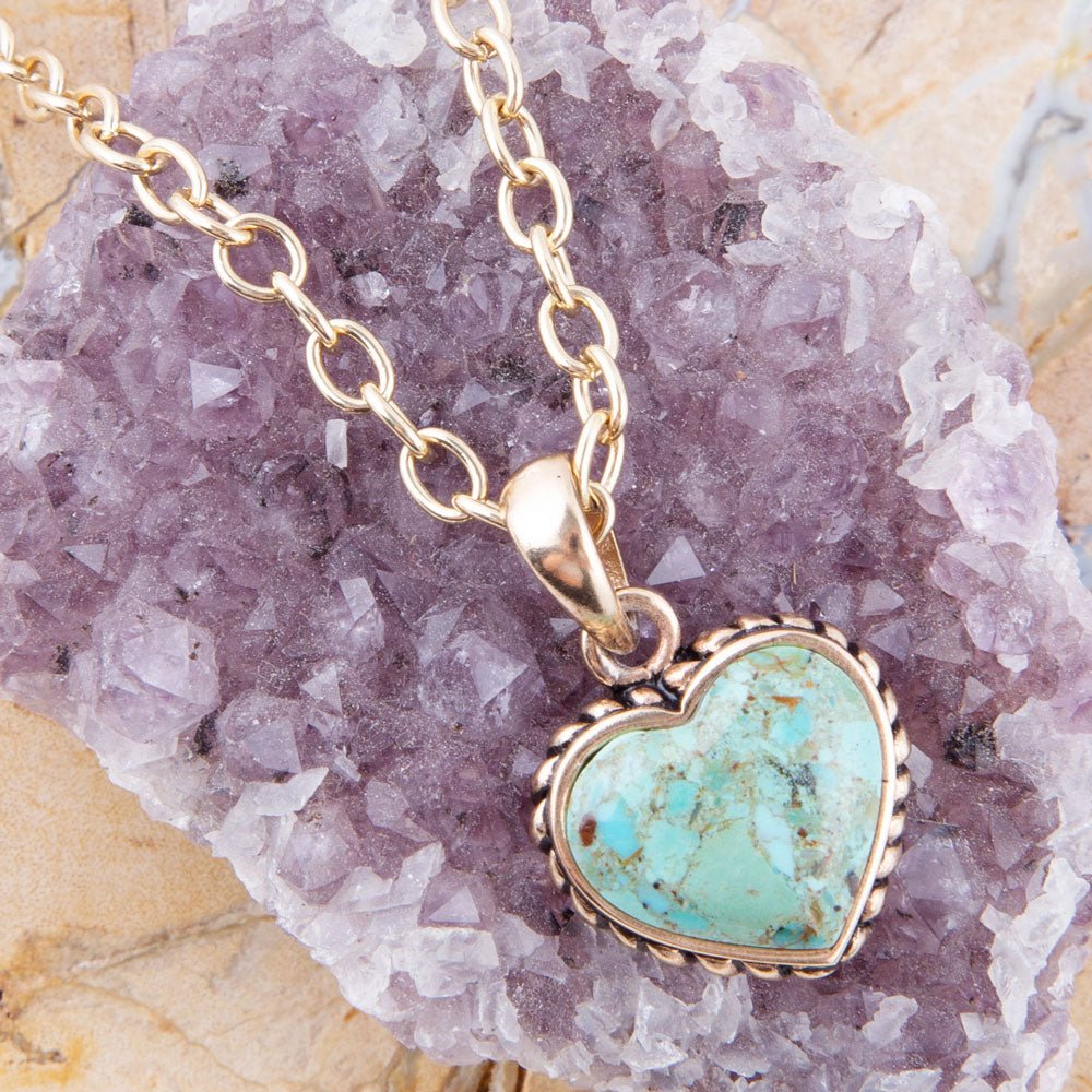 Genuine turquoise heart pendant on bronze chain necklace, view 3