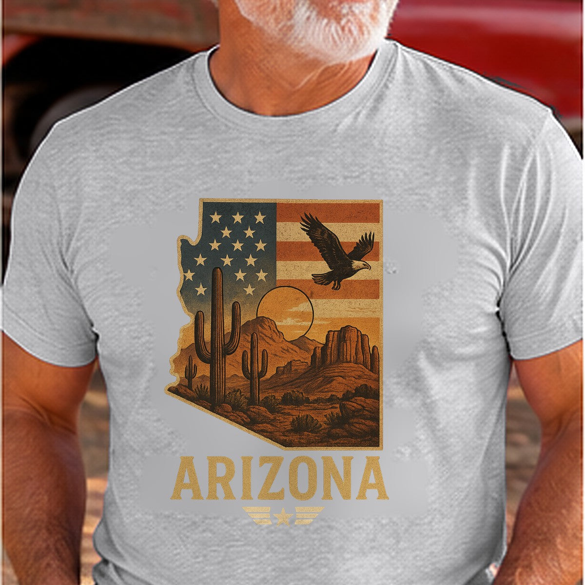 Vintage American Southwest Arizona T-shirt worn by a man in the Arizona desert