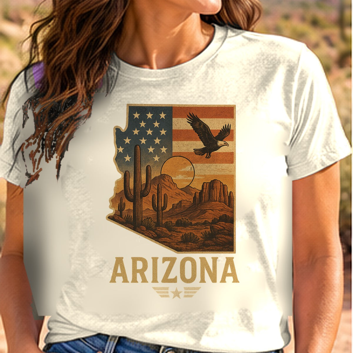 Vintage American Southwest Arizona T-shirt worn by a woman in the Arizona desert