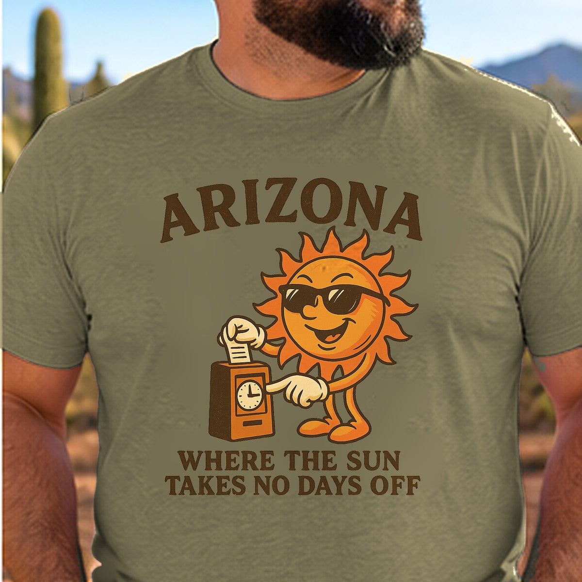 Where the Sun Arizona T-shirt worn by a man in the Arizona desert