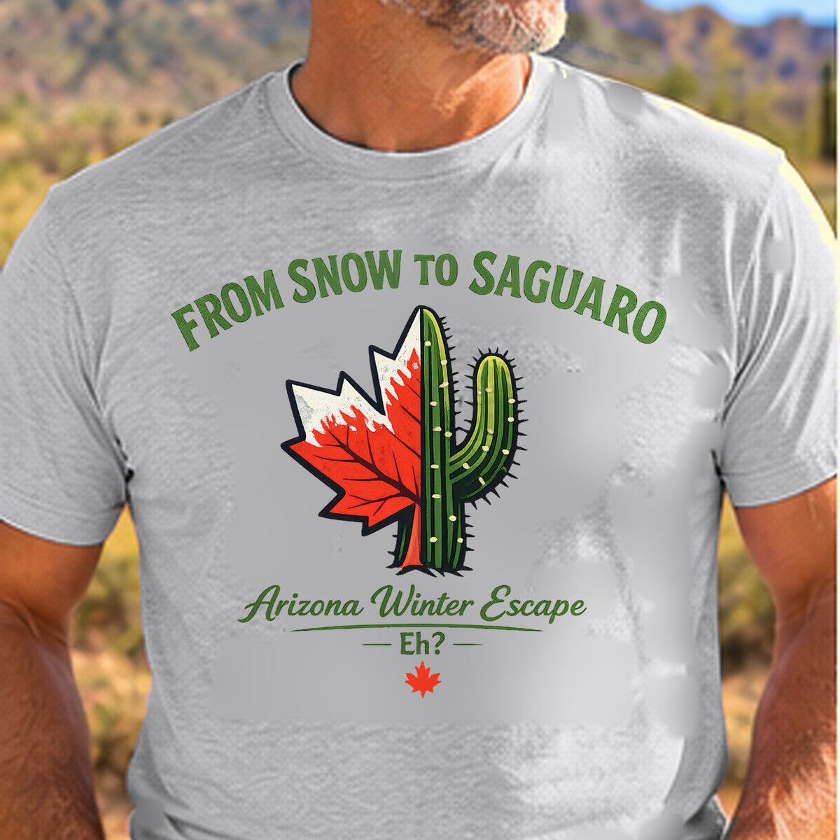 Winter Escape Arizona T-shirt worn by a man in the Arizona desert