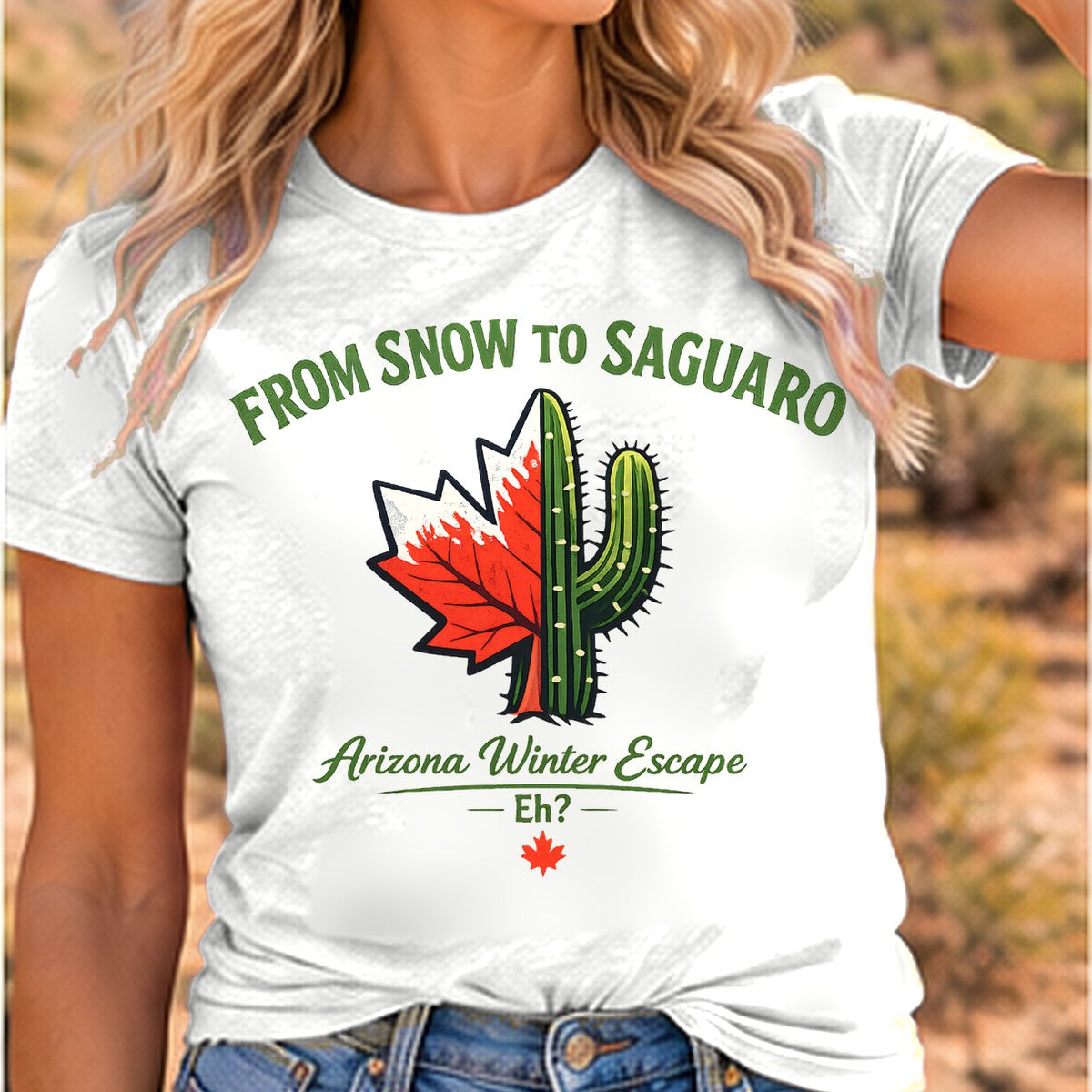 Winter Escape Arizona T-shirt worn by a woman in the Arizona desert